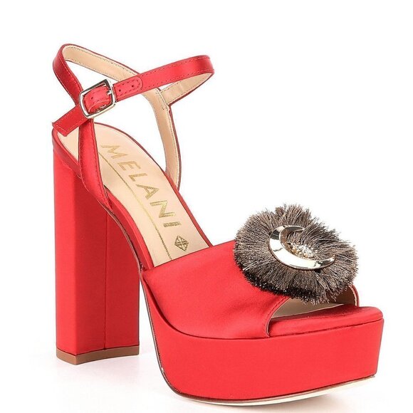 Antonio Melani Size 6.5 M Red Satin Celestial Fringe Ankle Strap Platform Heels - Picture 1 of 12